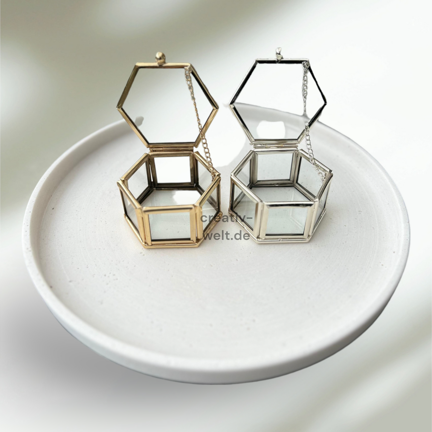 Ringbox Sechseckige Glasbox in Silber