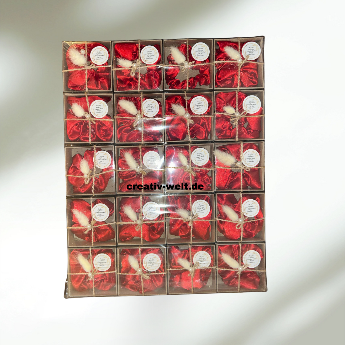 20x Fertig verpackte, verzierte Scrunchies – 3 Farben