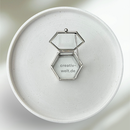 Ringbox Sechseckige Glasbox in Silber